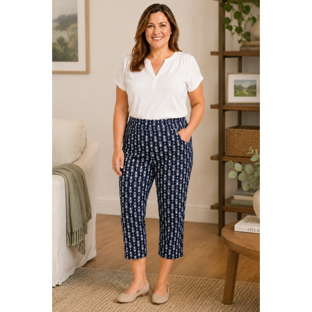 Ruby Rd Capri Pull On Pants Womens 14 Blue Pineapple Vacation Resort Cruise